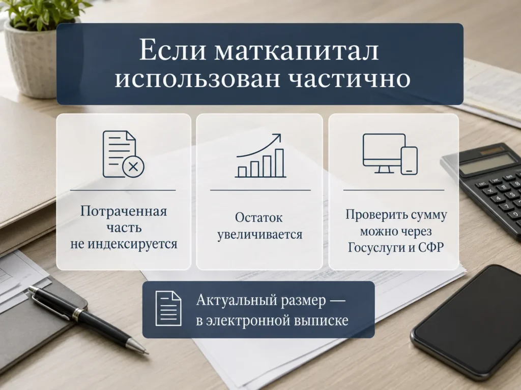 Информативное изображение с плашками о частичном использовании и проверке остатка маткапитала