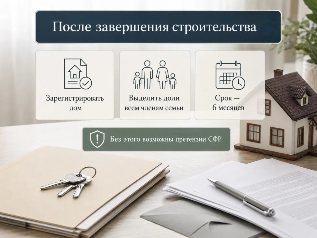 Информативное изображение с плашками о регистрации дома и выделении долей
