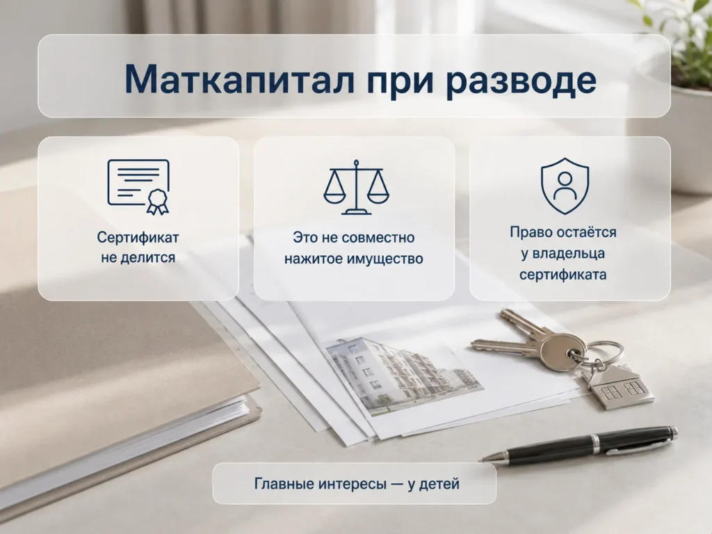 Информативное изображение с плашками о разделе маткапитала при разводе