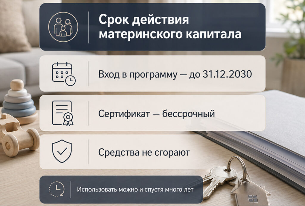 Информативное изображение с плашками о сроке программы маткапитала и бессрочности сертификата