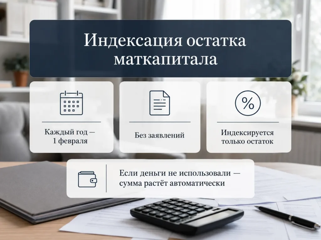 Информативное изображение с плашками о ежегодной индексации остатка маткапитала