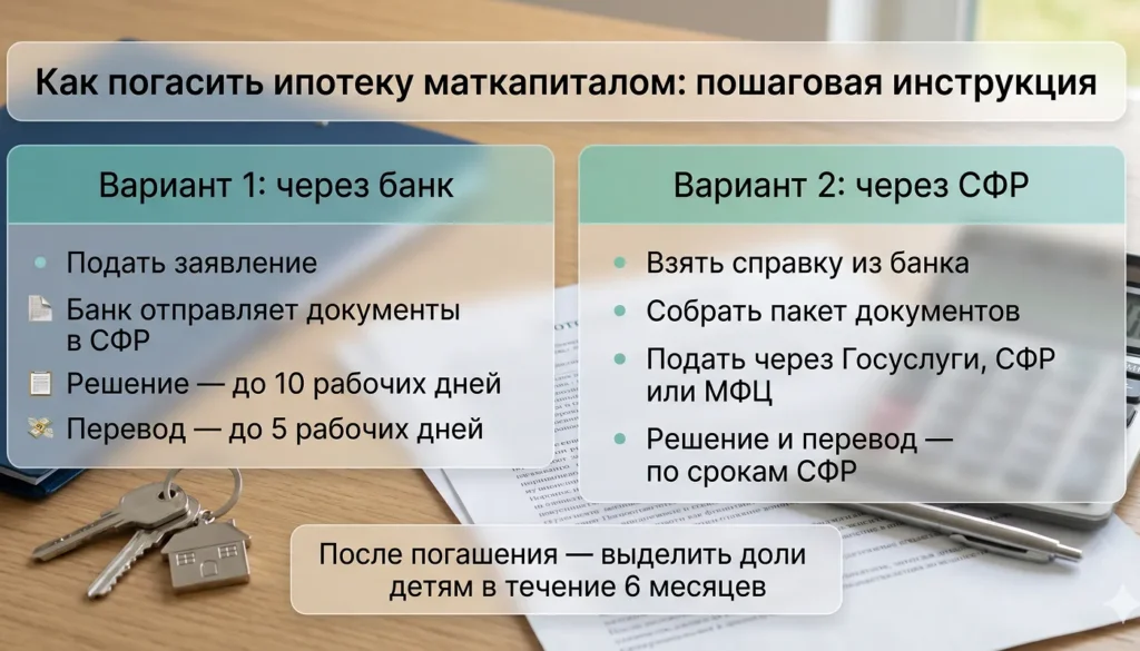 Информативное изображение с плашками о двух способах погашения ипотеки маткапиталом через банк или СФР