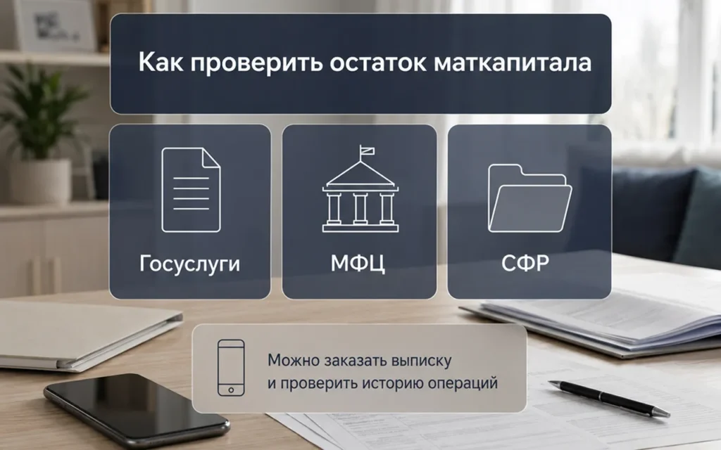 Информативное изображение с плашками о способах проверки остатка маткапитала