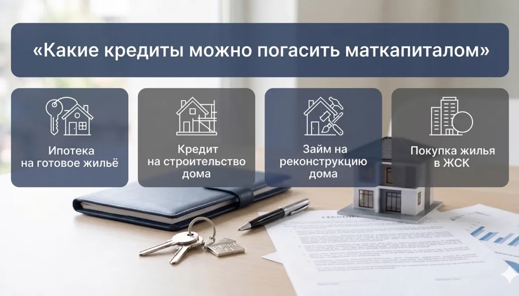 Информативное изображение с плашками о видах жилищных кредитов, которые можно погасить маткапиталом