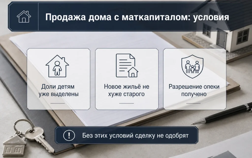 Информативное изображение с плашками об условиях продажи дома с маткапиталом