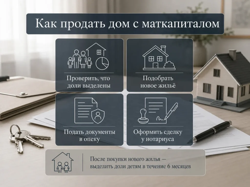 Информативное изображение с плашками о шагах продажи дома, купленного с маткапиталом