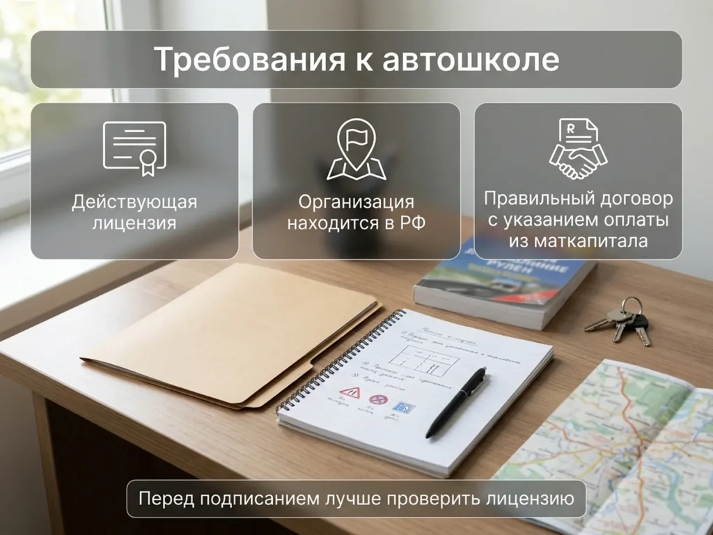 Информативное изображение с плашками о требованиях к автошколе для оплаты маткапиталом