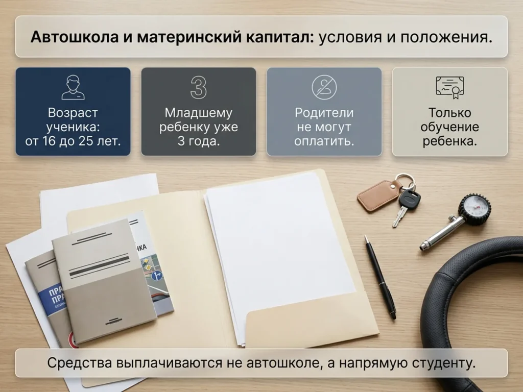 Информативное изображение с плашками об условиях оплаты автошколы маткапиталом