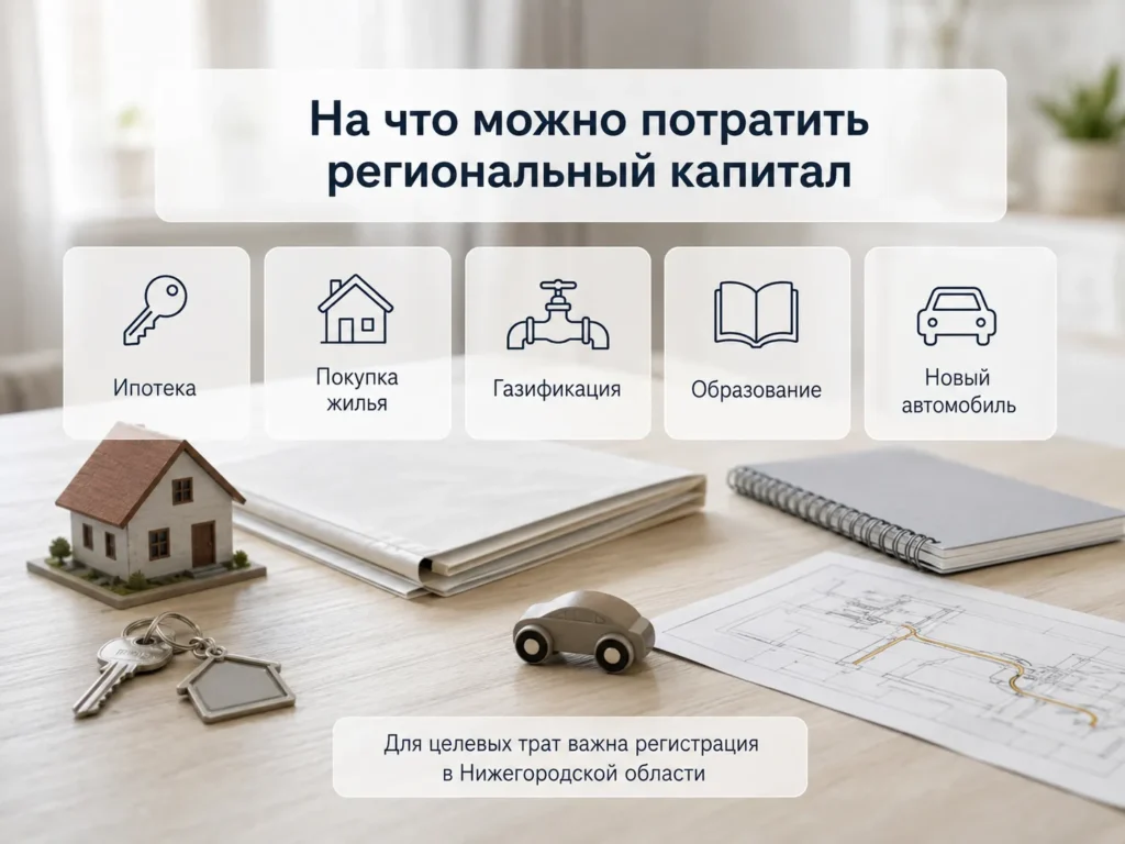 Информативное изображение с плашками о вариантах использования регионального материнского капитала