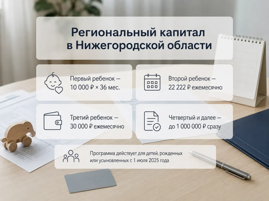 Информативное изображение с плашками о размерах регионального материнского капитала в Нижегородской области