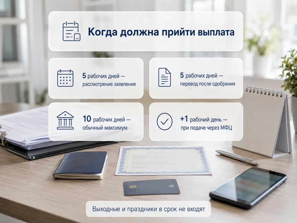 Информационное изображение со сроками рассмотрения заявления и перечисления выплаты из материнского капитала