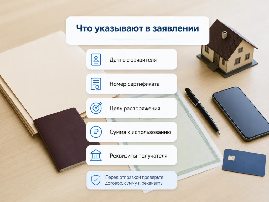 Информационное изображение с основными полями заявления на распоряжение материнским капиталом
