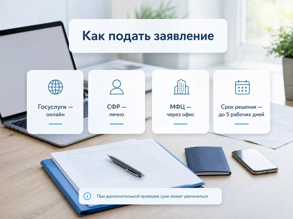Информационная памятка о подаче заявления на распоряжение материнским капиталом через Госуслуги, СФР и МФЦ